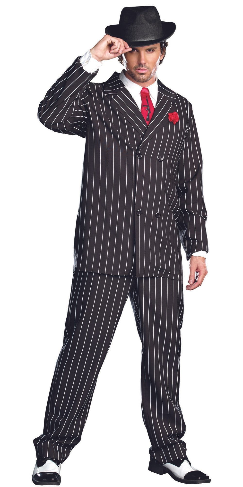 Man wearing Sexy Gangsta Men's Costume with black pinstripe suit, machine gun tie, and hat, holding a faux carnation. Suitable for gangster-themed events.