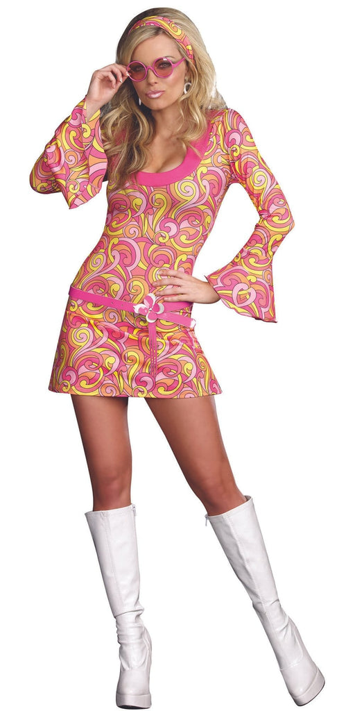 Sexy Go Go Gorgeous Women's Costume featuring a colorful A-line dress, bell sleeves, pink sunglasses, and white boots, perfect for theme parties or cosplay.