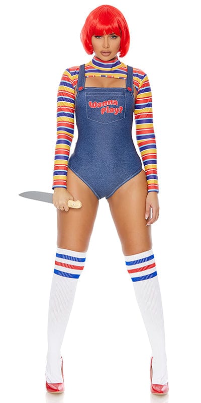 Woman in Sexy Good Guy Clown Doll Halloween Costume with striped bolero, faux denim bodysuit, knee-high socks, red wig, and holding a prop knife.