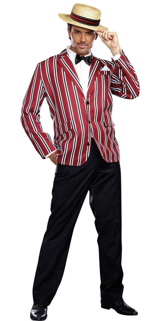 Man in Sexy Good Time Charlie Men's Costume, featuring a striped jacket, bow tie, and hat. Perfect for Halloween or cosplay events.