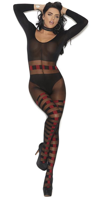 Woman modeling Sexy Grace Sheer Horizontal Striped Bodystocking with black and red stripes, featuring long sleeves and an open crotch design.