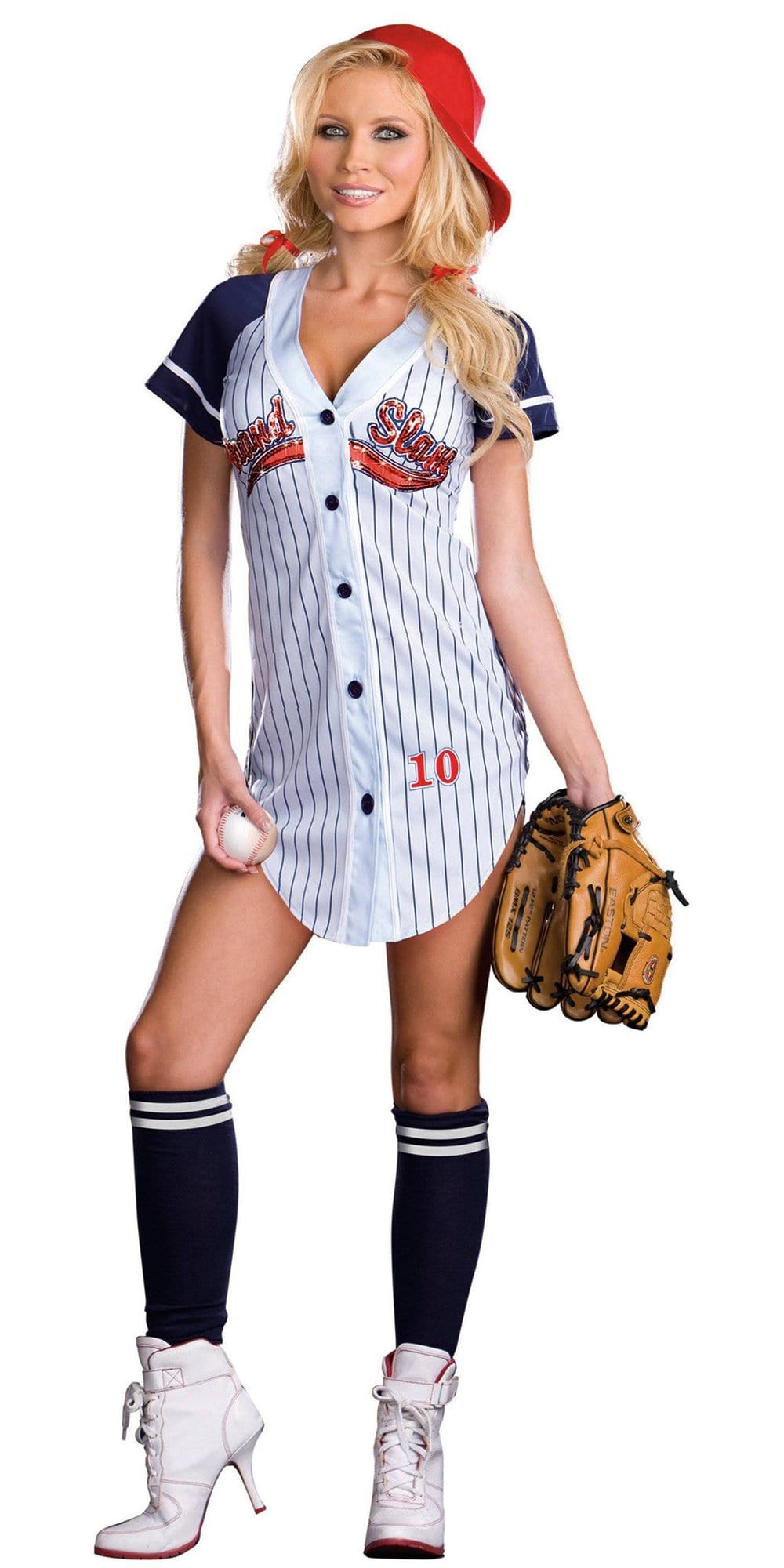 Woman in Sexy Grand Slam Women's Costume, wearing baseball jersey, cap, shorts, and holding glove, showcasing sporty style for parties or cosplay.