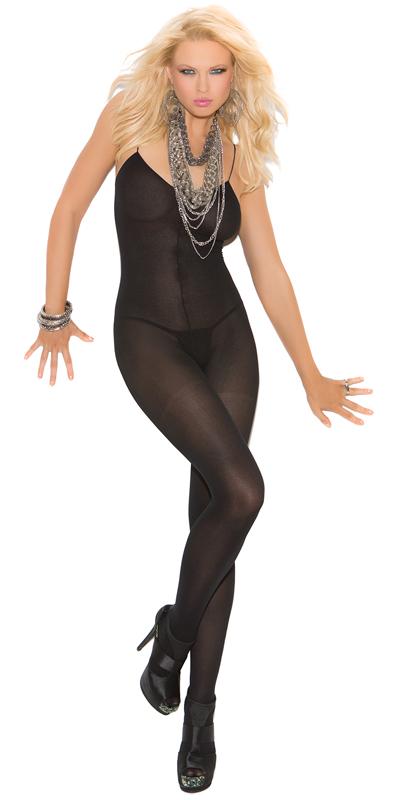 Woman modeling the Sexy Hang Sheer Spaghetti Strap Bodystocking, featuring sheer nylon, spaghetti straps, low back, and open crotch design.