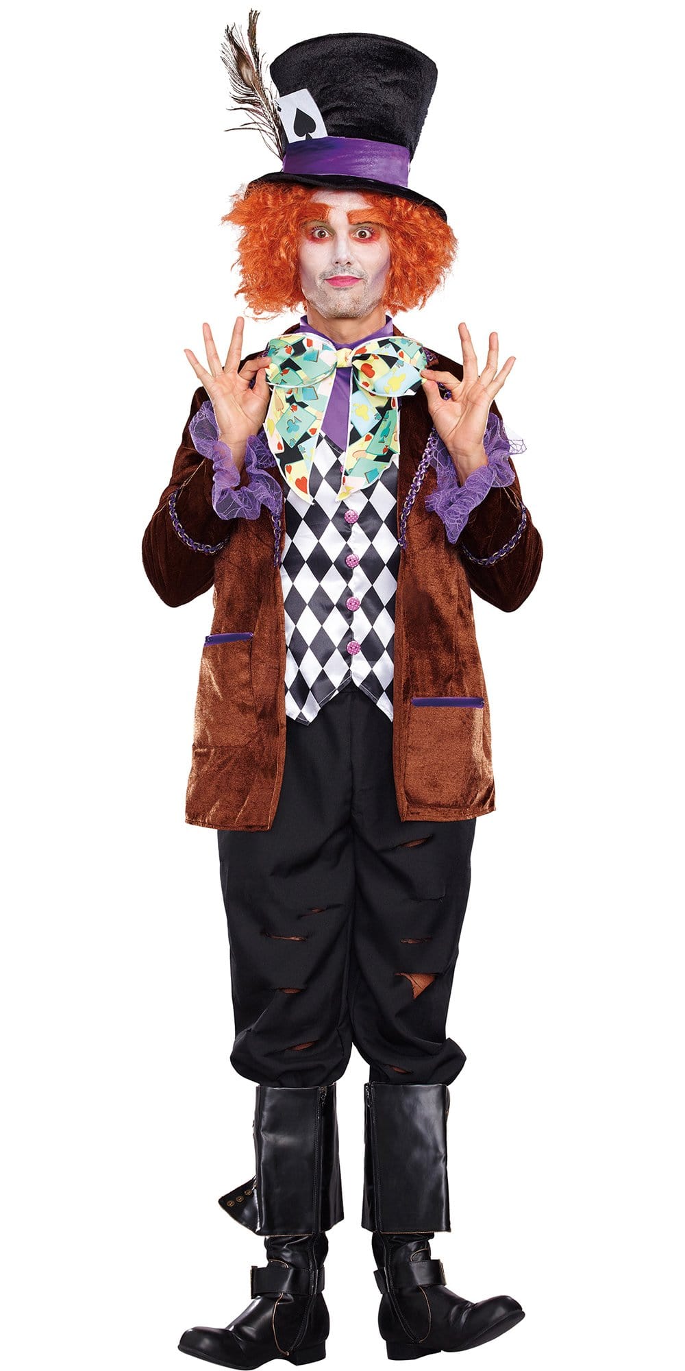 A person wearing the Sexy Hatter Madness Men's Costume, featuring a velvet jacket, diamond print vest, and an oversized top hat with a peacock feather.