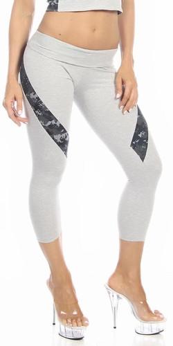A woman wearing Sexy Hi Lo Waist Blue Digital Camo Combat Athletic Capri Pants - Grey/Blue with a high waist and military camo accents.