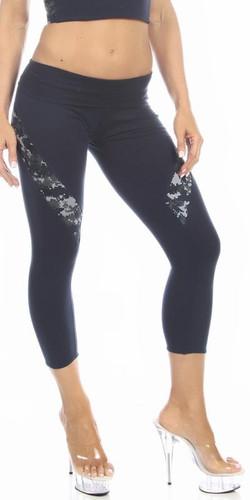 Woman wearing Sexy Hi Lo Waist Blue Digital Camo Combat Athletic Capri Pants, showcasing stretch fit and military-style camo accents.