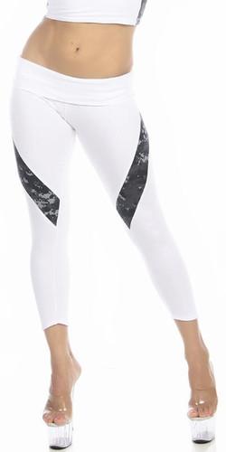 Woman wearing Sexy Hi Lo Waist Blue Digital Camo Combat Athletic Capri Pants - White/Blue, showcasing stretchy athletic design with navy blue digital camo accents.