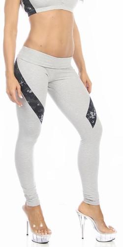 Woman wearing Sexy Hi Lo Waist Blue Digital Camo Military Work Out Pants, grey with navy blue camo accents, showcasing their athletic stretch fit and waist versatility.