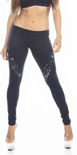 A woman models Sexy Hi Lo Waist Blue Digital Camo Military Work Out Pants with navy blue digi camo accents, showcasing their high-waist roll down option.