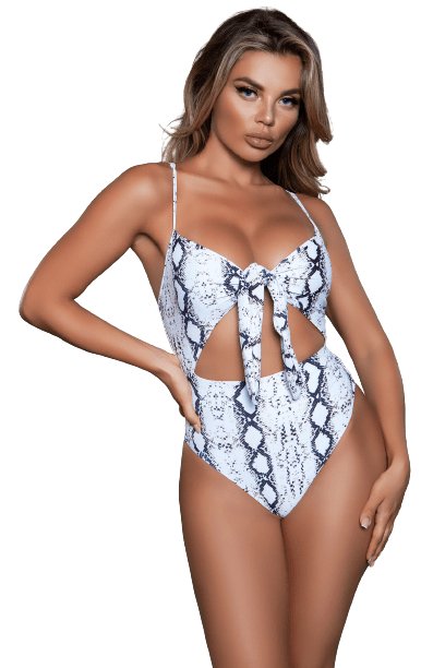 Sexy Kassandra Cut Out Knot Twist Snakeskin Swimsuit showcased by a model, featuring front knot twist, cut out waist, and tanga reverse design.