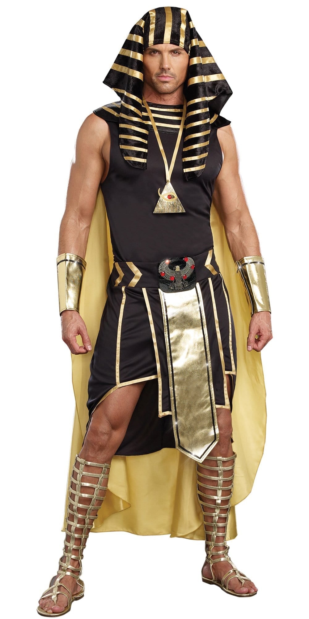 Man wearing Sexy King of Egypt Men's Costume with Egyptian collar, gold cape, sleeveless shirt, wrist gauntlets, headpiece, Eye of Horus necklace, and Shendyt skirt.
