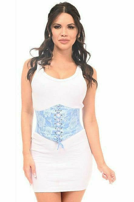 A woman models a Sexy Light Blue Lace Corset Belt Cincher, featuring a lace-up front and stretchy elastic sides, highlighting a stylish waist-cinching design.