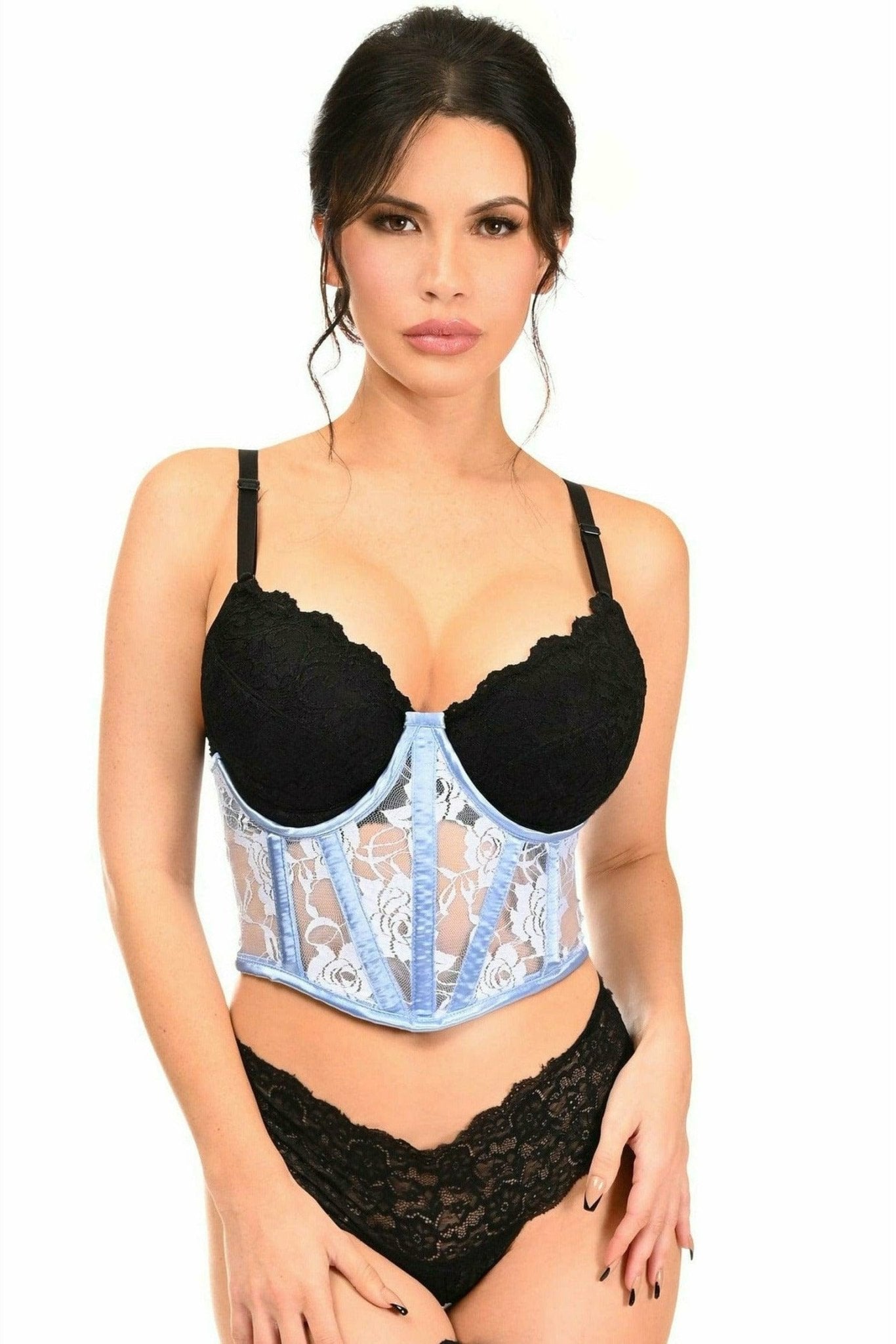 Woman modeling a Sexy Light Blue Sheer Lace Underwire Waist Cincher Corset, showcasing its structure with underwire support and intricate detailing.