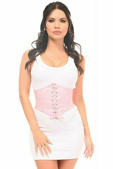 Woman wearing a Sexy Light Pink Lace Corset Belt Cincher, featuring a lace-up front and back snap button closure, highlighting its stylish fit and design.