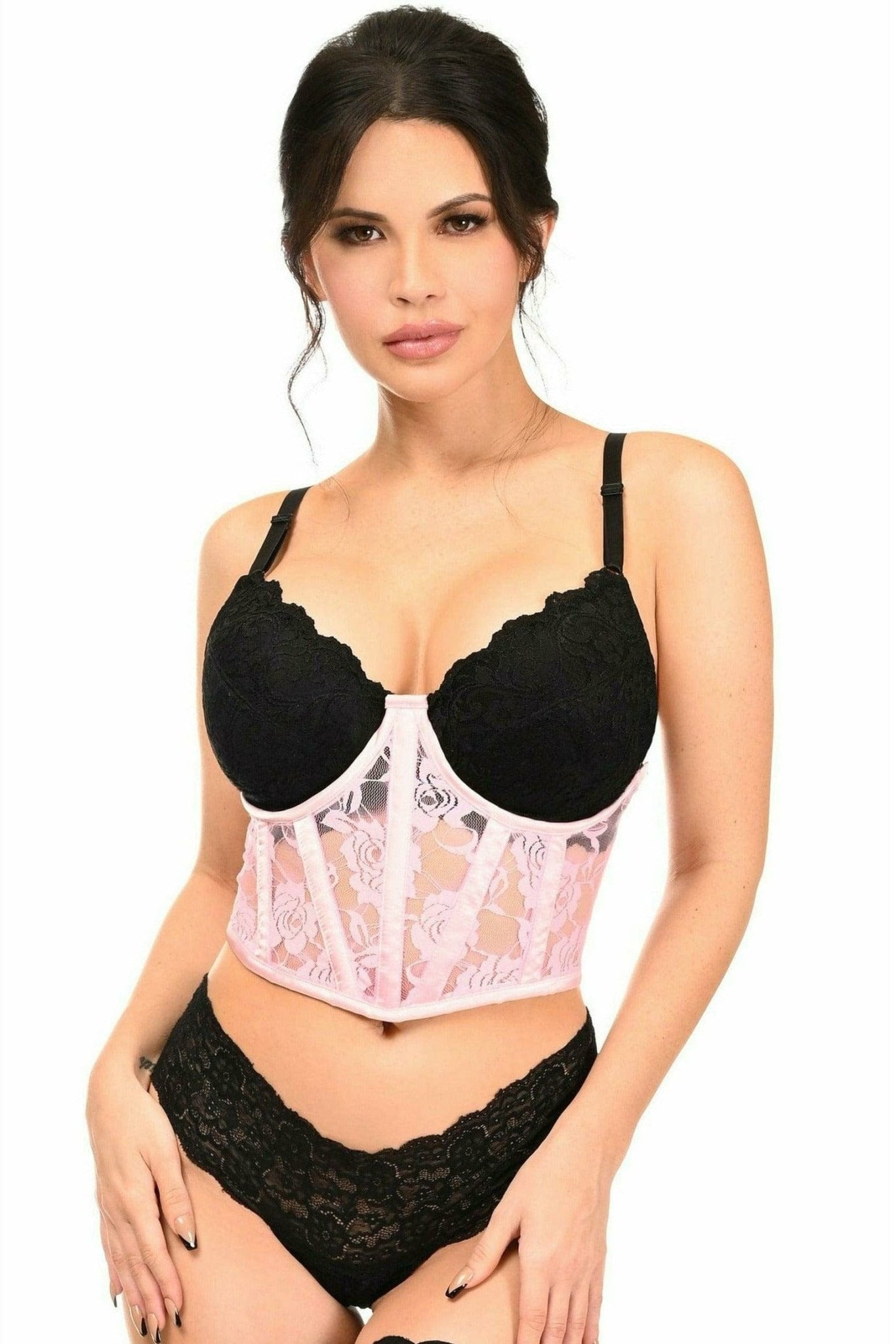 Woman wearing Sexy Light Pink Sheer Lace Underwire Waist Cincher Corset, featuring lace fabric, underwire support, and hook & eye closure for adjustable fit.