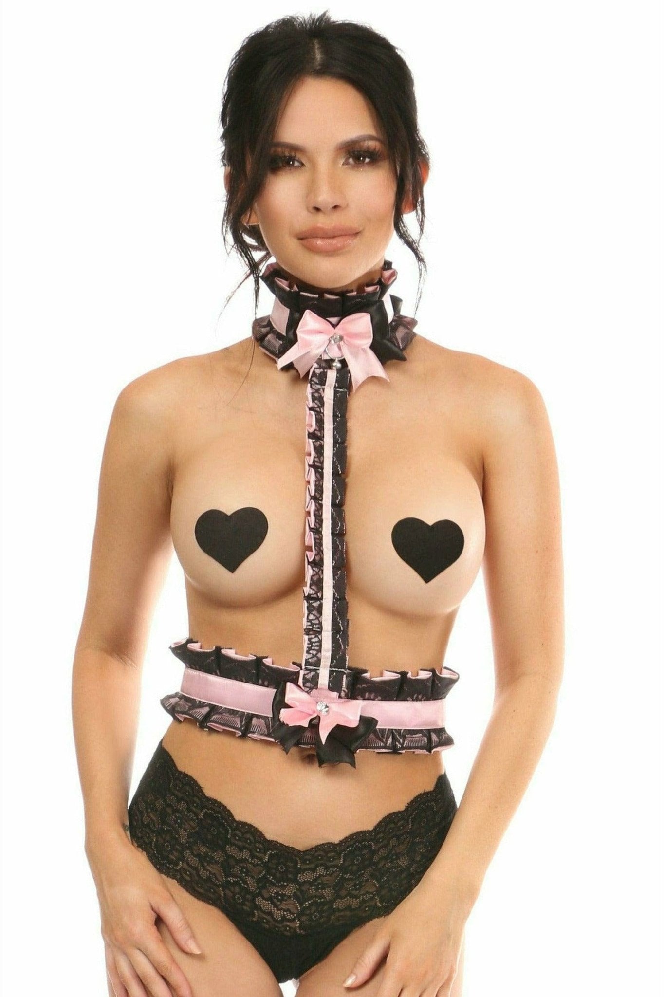 Sexy Light Pink with Black Lace Single Strap Body Harness Musotica.com