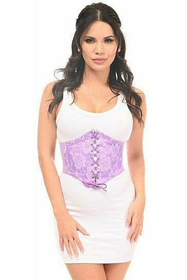 Woman wearing a Sexy Light Purple Lace Corset Belt Cincher, featuring a lace-up front and stretchy elastic sides, emphasizing a fashionable and fitted waist.