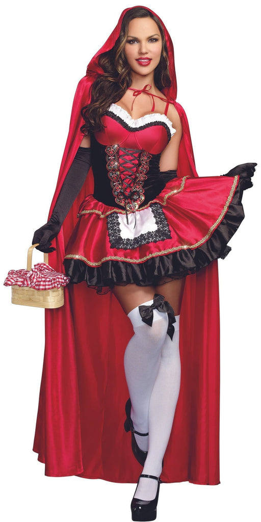 Sexy Little Red Women's Costume featuring a woman in a red dress with a full-length satin hooded cape, ideal for Halloween or cosplay events.