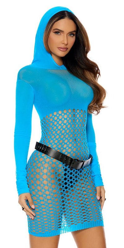 Sexy Long Sleeve Mini Dress with Hood One Size Neon Blue