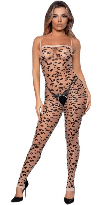 Sexy Luscious Leopard Bodystocking featuring a woman in a sheer, leopard-patterned bodysuit with spaghetti straps, highlighting its sleek, seductive silhouette.