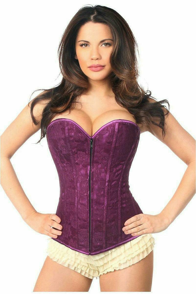 Woman modeling the Sexy Magenta Lace Overbust Corset with Zipper, showcasing its lace overlay, structured boning, and garter loops for stockings.