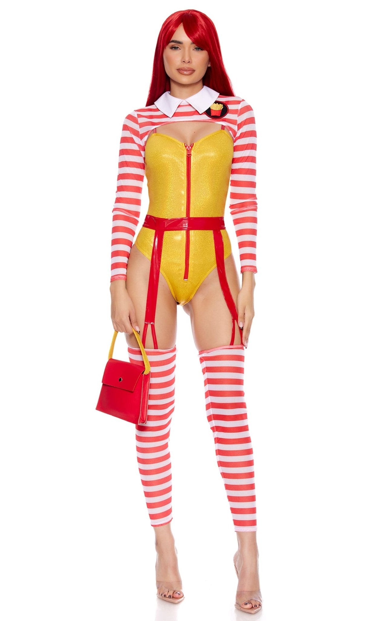 Woman models the Sexy Mc Girl Halloween Costume featuring a zip-front bodysuit, bolero with French fry patch, vinyl belt, striped leggings, and matching purse.