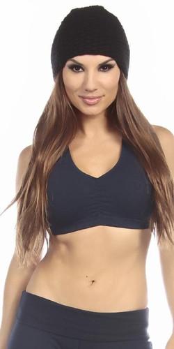 Woman in black sports garment modeling the Sexy Military Force Supportive Blueberry Digital Camouflage Sports Bra Top with racer back and camo accents.