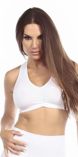 A woman models the Sexy Military Force Supportive Blueberry Digital Camouflage Sports Bra Top, showcasing its scrunch front and racer back design.