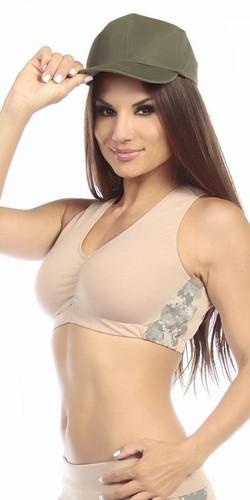 Woman modeling the Sexy Military Force Supportive Green Digital Camouflage Sports Bra Top with racerback and scrunch front, accented with authentic military camo.
