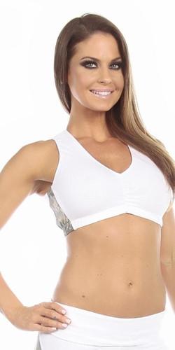 Woman wearing Sexy Military Force Supportive Green Digital Camouflage Sports Bra Top - White/Green with scrunch front and racer back, showcasing athletic style.