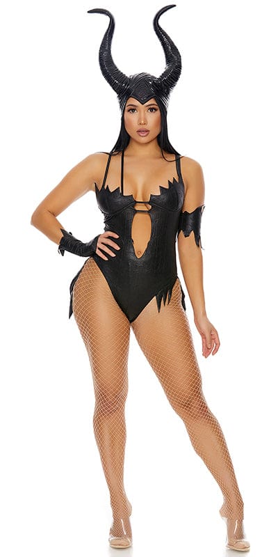 Woman wearing Sexy Mistress of All Evil Villain Costume, featuring a black bodysuit with cut-out design, double cross shoulder straps, and horn headpiece.