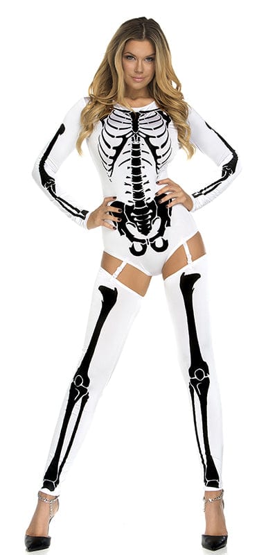 Woman wearing the Sexy Monochromatic Bones Skeleton Halloween Costume with skeleton print bodysuit, garter straps, and matching thigh highs, standing confidently.