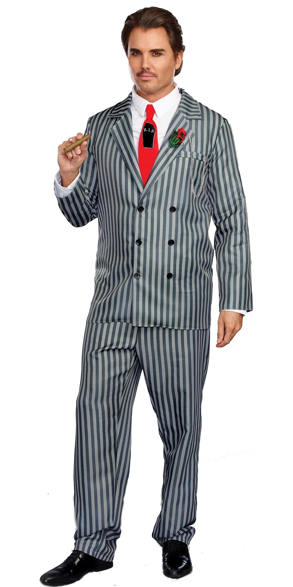 Sexy Mr. Fright Men's Costume with a pinstripe suit, rose boutonniere, and casket-print tie, held by a man with a cigar.