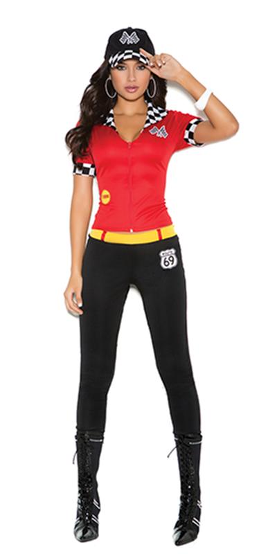 Woman modeling Sexy Need For Speed Woman Racer Costume, featuring red top with chequered accents, black pants with yellow and red waistband, and black boots.