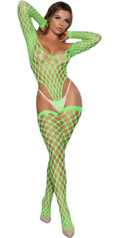 Woman wearing the Sexy Neon Color Alluring Fishnet Bodysuit, featuring long sleeves and fishnet design, without thong, posing to showcase the bodysuit's fit and style.