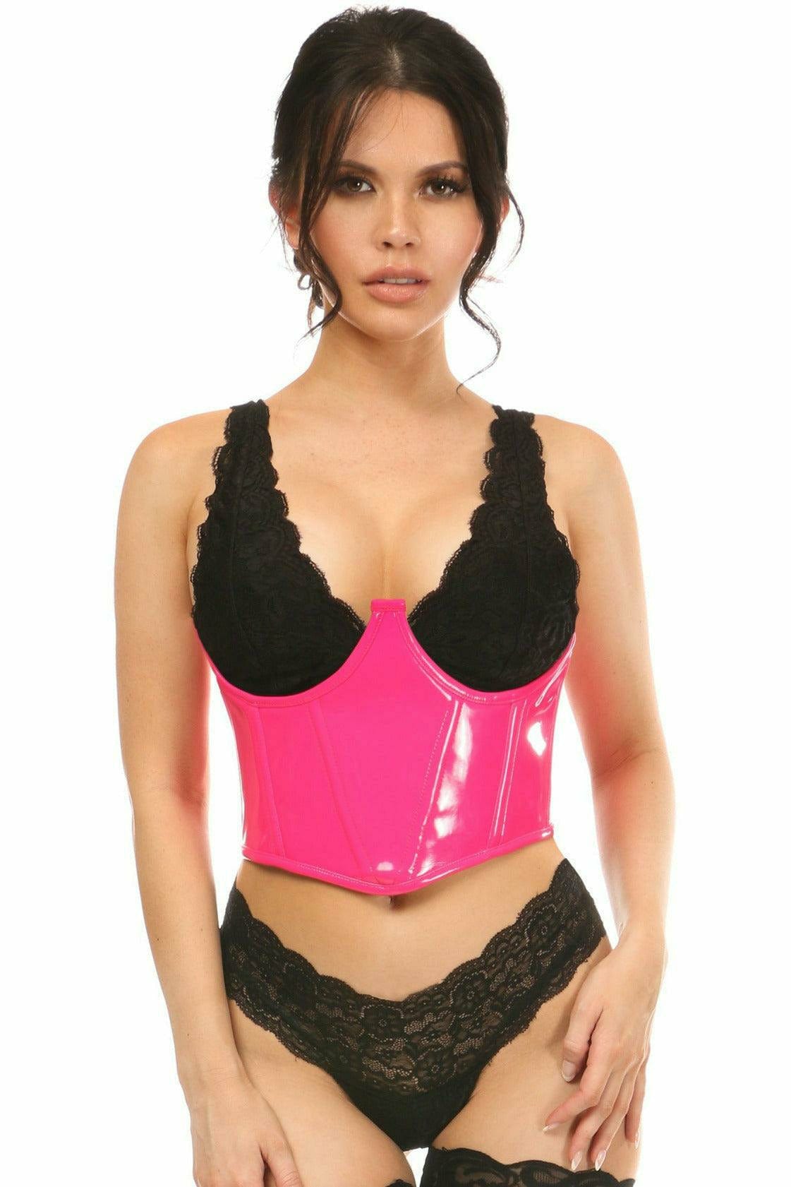 Woman modeling the Sexy Neon Pink Patent Open Cup Underwire Waist Cincher, showcasing its structured design with underbust fit and lacing detail.