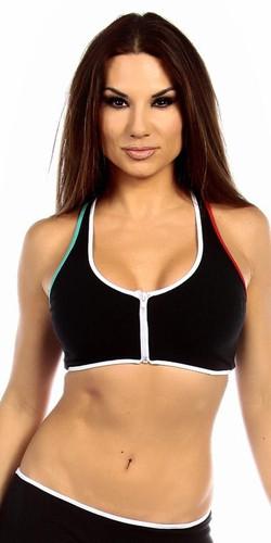 Woman wearing the Sexy Neon Trim Zip Front Fourth Dimension Athletic Stretch Sports Bra Top, featuring a zip-up front and racerback design, showcasing stylish comfort.