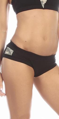 Sexy Night Vision Military Green Scrunch Back Athletic Mini Shorts featuring a low rise design and authentic military digital camouflage, highlighting the product's athletic style and fit.