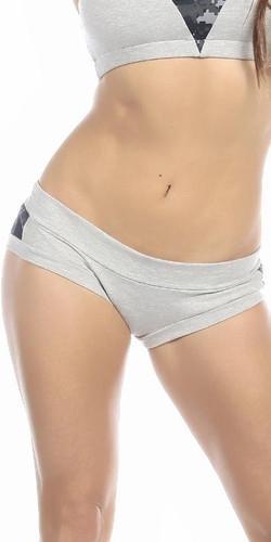 Sexy Night Vision Military Navy Blue Scrunch Back Athletic Mini Shorts, shown close-up on a model, highlighting the low-rise design and authentic military digital camouflage accents.