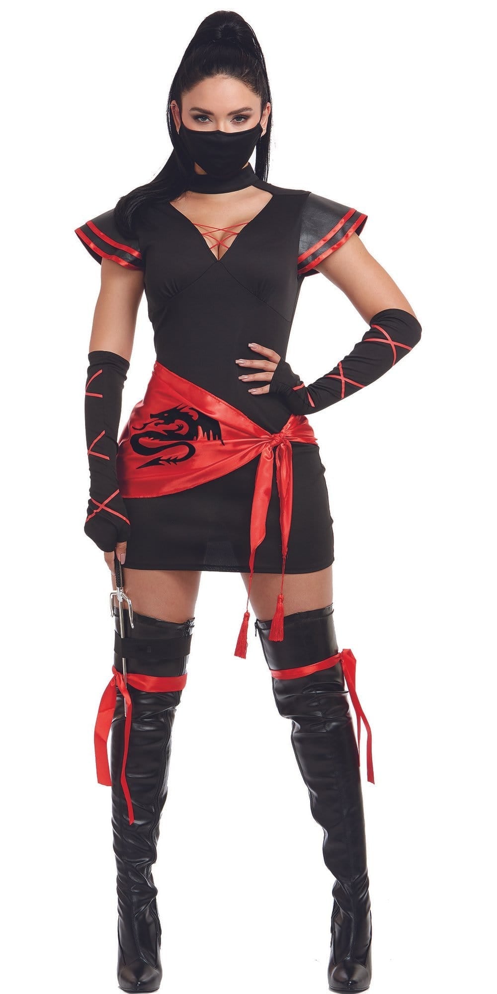 Sexy Ninja Women's Costume featuring a faux leather dress with dragon design, black face mask, black boots with red ribbons, and fingerless gloves, ideal for cosplay or theme parties.