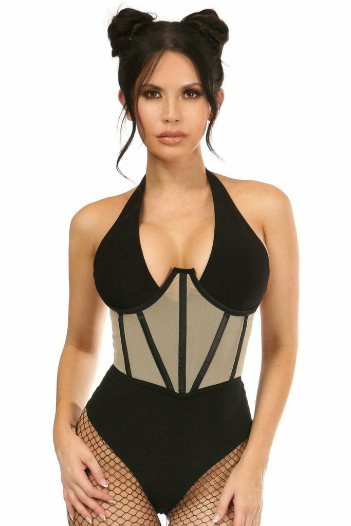 Woman modeling the Sexy Nude Mesh Open Cup Waist Cincher, featuring sheer mesh, underwire support, and hook & eye closure, highlighting its elegant two-tone design.