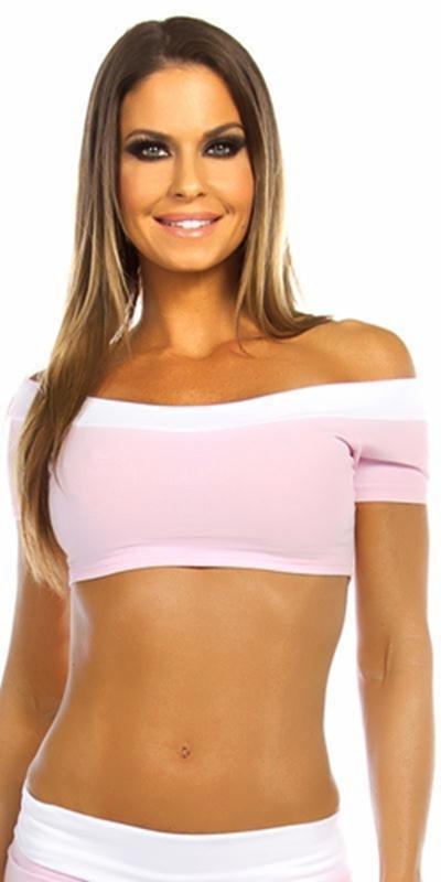 Woman wearing Sexy Off The Shoulder Namaste Yoga Work Out Gym Top, showcasing off-shoulder design and soft stretch fit during a photo shoot.