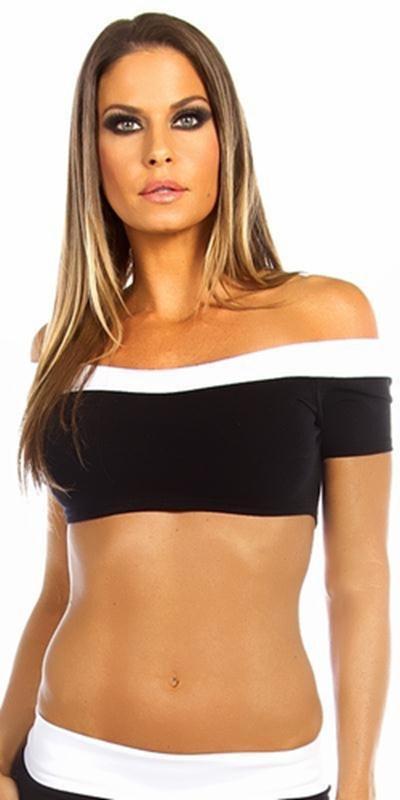 Woman wearing the Sexy Off the Shoulder Namaste Yoga Work Out Gym Top in black and white, showcasing its bandeau style and comfortable fit.