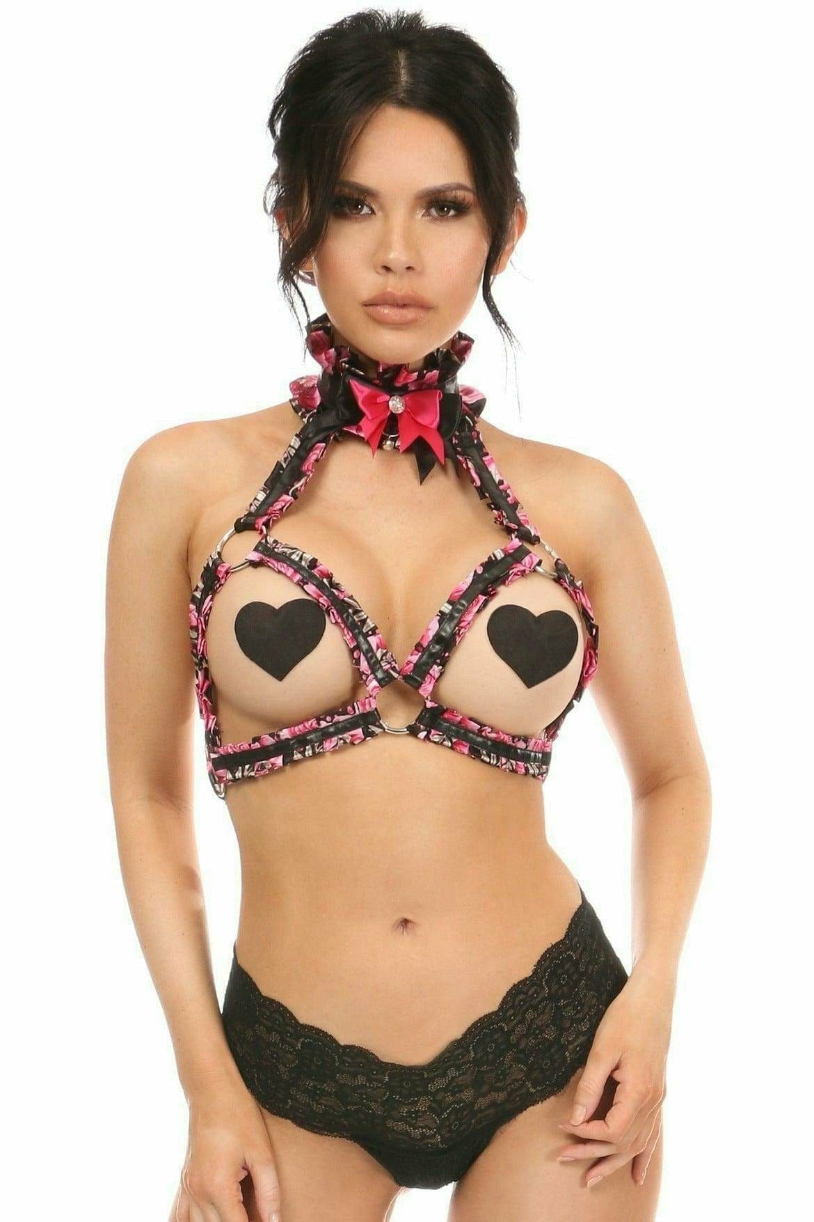 Sexy Pink Floral Satin Triangle Top Body Harness Musotica.com