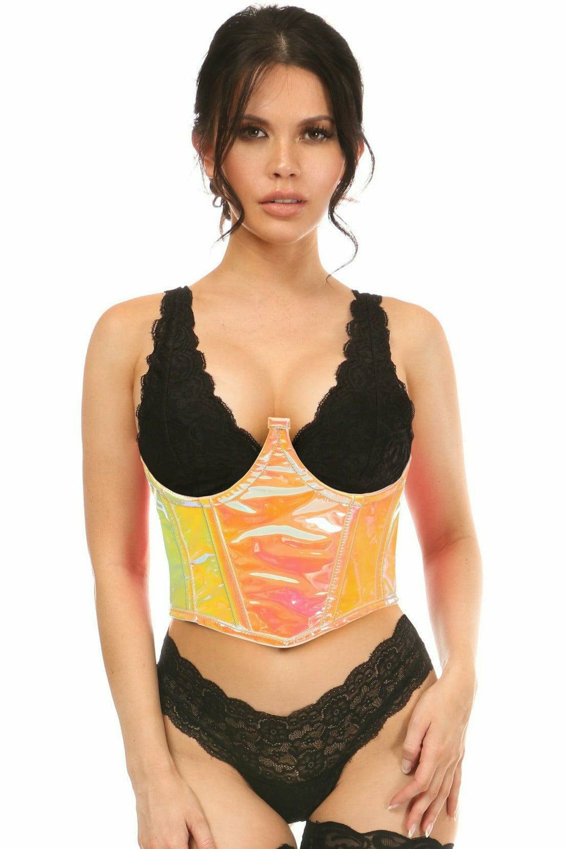 Sexy Pink with Yellow Hologram Open Cup Underwire Waist Cincher Musotica.com