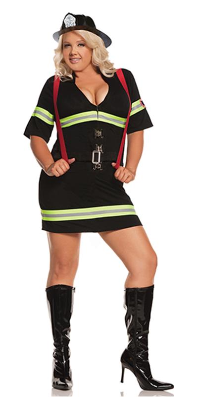 Sexy Plus Size Blazing Hot Firewoman Costume featuring a black mini dress, reflective lining, belt, and attached suspenders, worn by a woman with a hat.