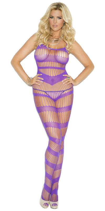 Woman models the Sexy Plus Size Dope Purple Strappy Fishnet Bodystocking, featuring a sleeveless design with seductive suspender style and open crotch.