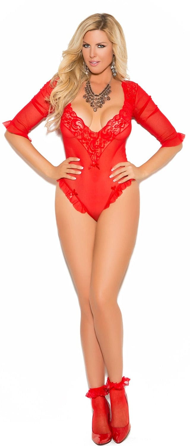 Sexy Plus Size Excite Red Mesh and Lace Teddy with Anklets Musotica.com