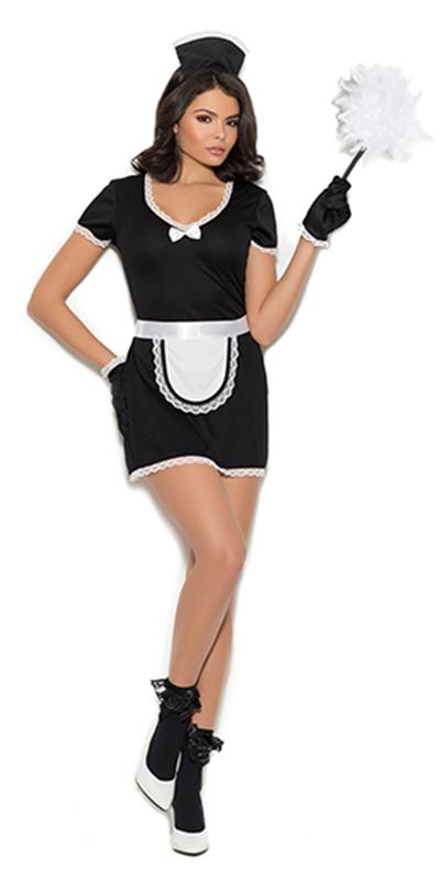 Sexy Plus Size Flirty Maid Costume featuring a black dress with white ruffle, bow, apron, and headpiece; perfect for Halloween or cosplay events.