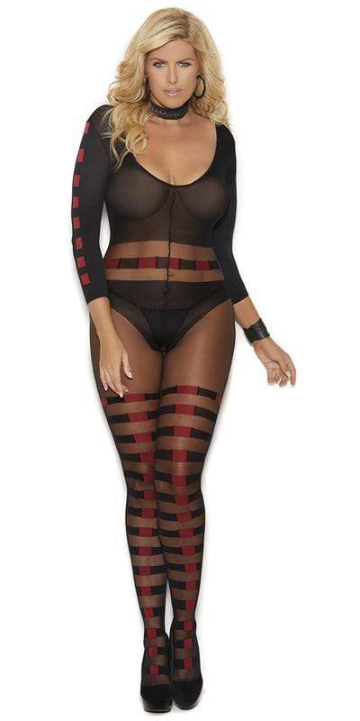 Woman modeling the Sexy Plus Size Grace Sheer Horizontal Striped Bodystocking, featuring long sleeves, black and red stripes, and an open crotch detail.